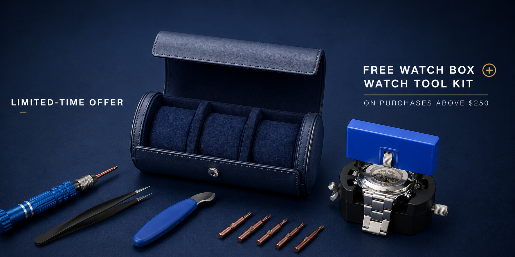 Free watch box and watch tool kit on purchases above $250