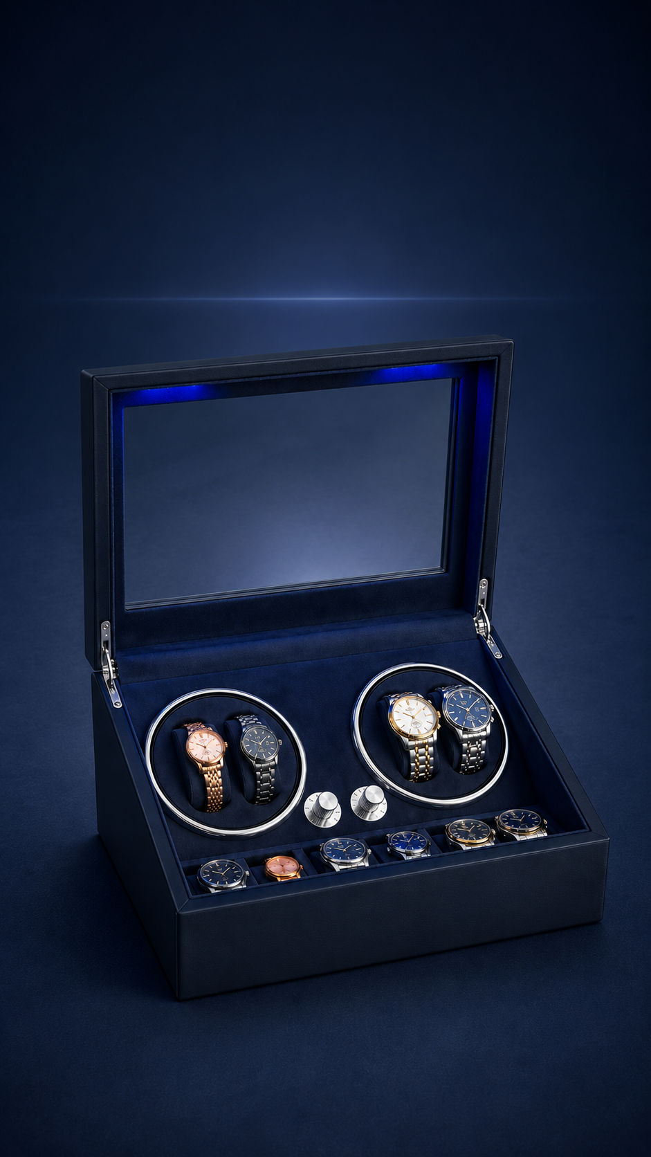 Premium walnut watch box holding a curated collection of luxury timepieces